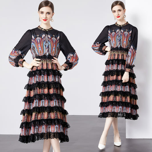 CM-DY092191 Women Elegant European Style Round Neck Lantern Sleeve Cupcake Dress