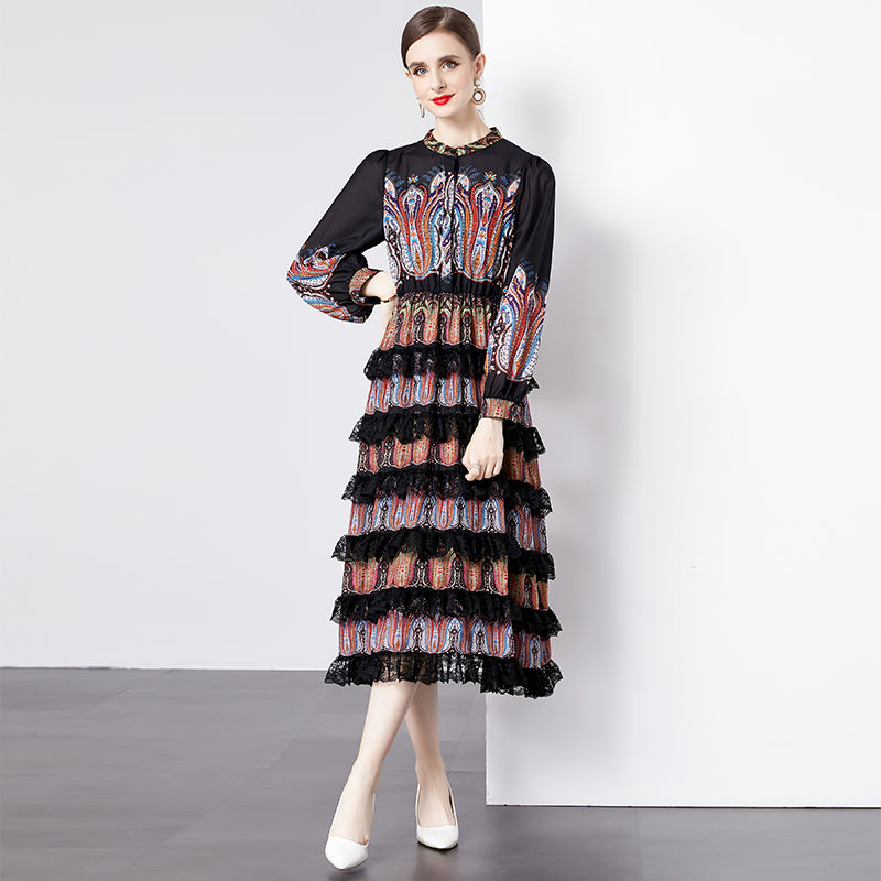 CM-DY092191 Women Elegant European Style Round Neck Lantern Sleeve Cupcake Dress