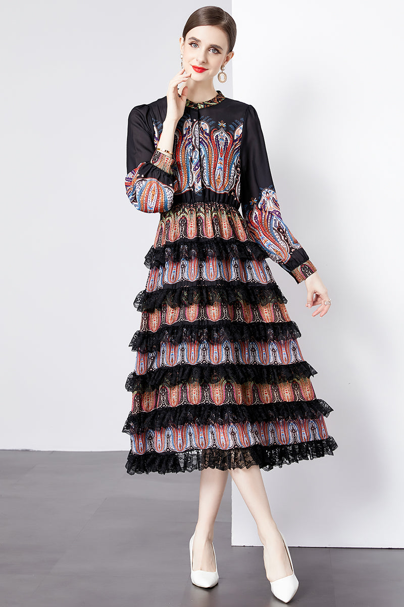CM-DY092191 Women Elegant European Style Round Neck Lantern Sleeve Cupcake Dress