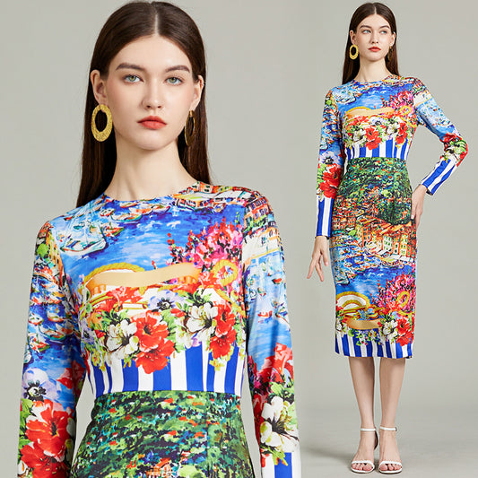CM-DY092243 Women Elegant European Style Round Neck Long Sleeve Slim Dress