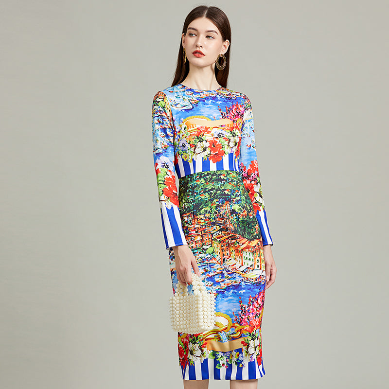 CM-DY092243 Women Elegant European Style Round Neck Long Sleeve Slim Dress