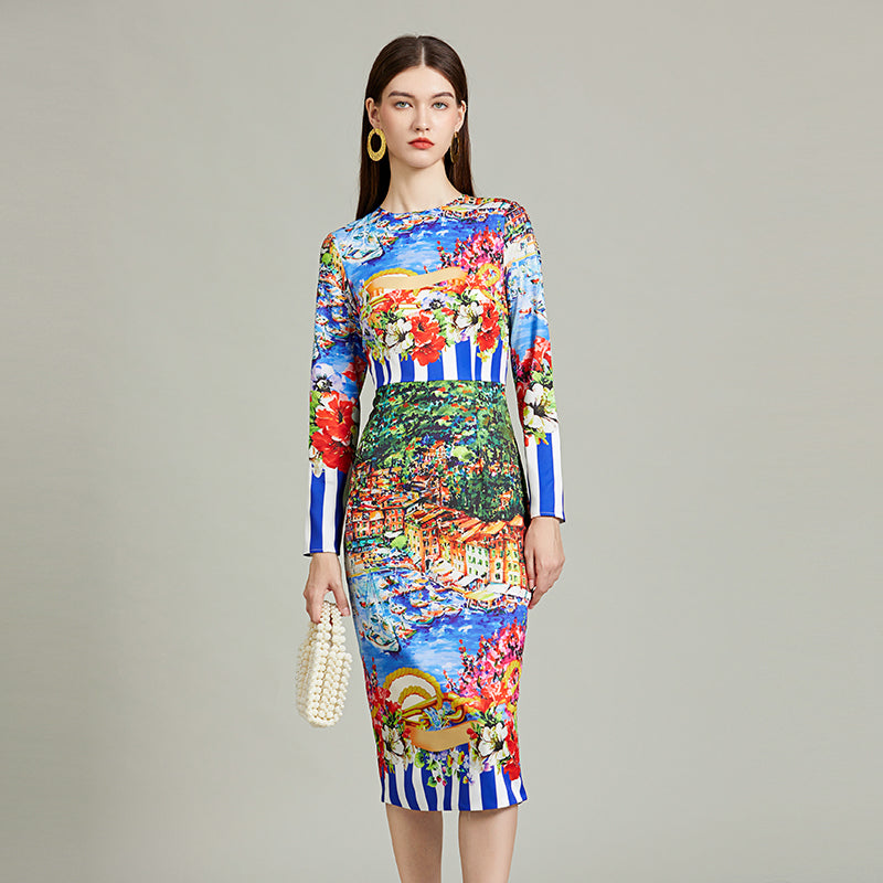CM-DY092243 Women Elegant European Style Round Neck Long Sleeve Slim Dress