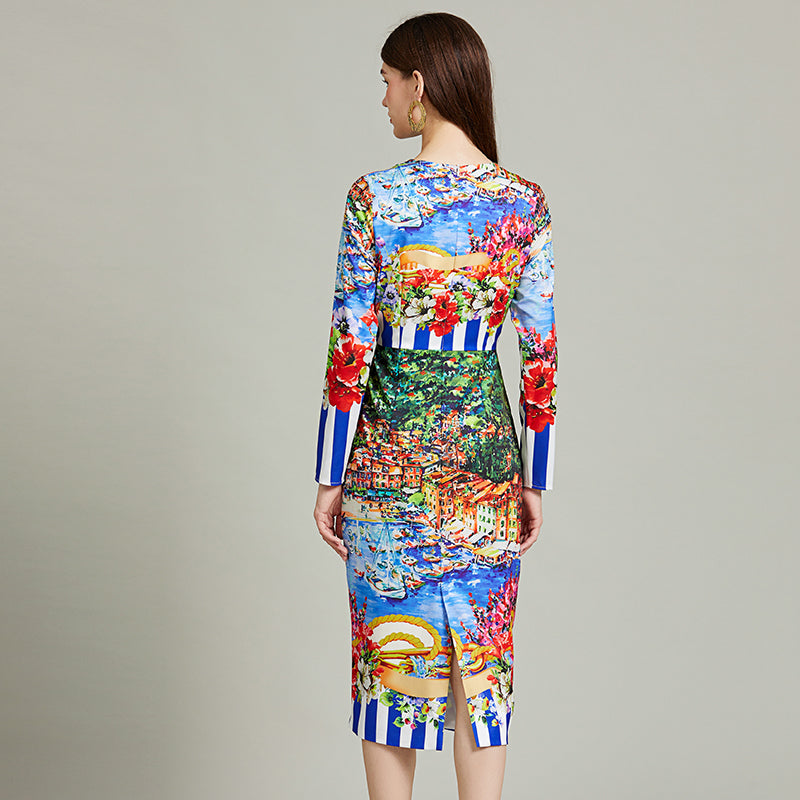 CM-DY092243 Women Elegant European Style Round Neck Long Sleeve Slim Dress