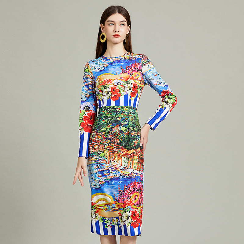 CM-DY092243 Women Elegant European Style Round Neck Long Sleeve Slim Dress
