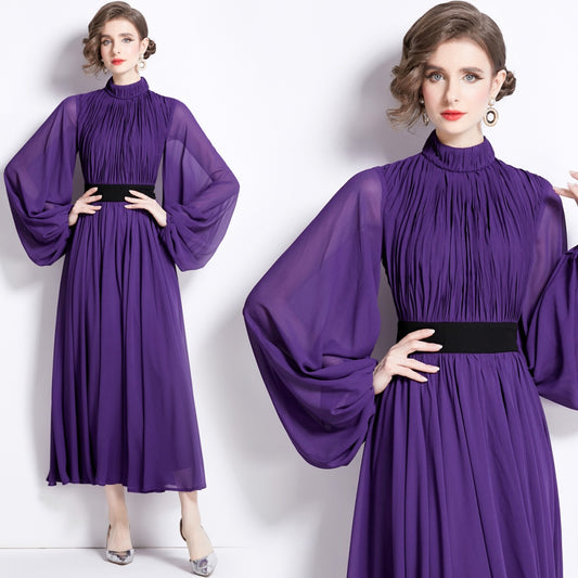 CM-DY092624 Women Elegant European Style Pinched Waist Long Spring Dress - Purple