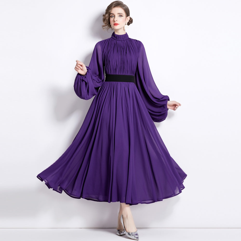 CM-DY092624 Women Elegant European Style Pinched Waist Long Spring Dress - Purple
