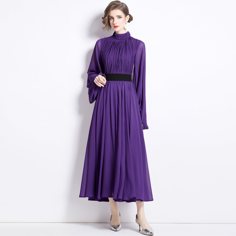 CM-DY092624 Women Elegant European Style Pinched Waist Long Spring Dress - Purple