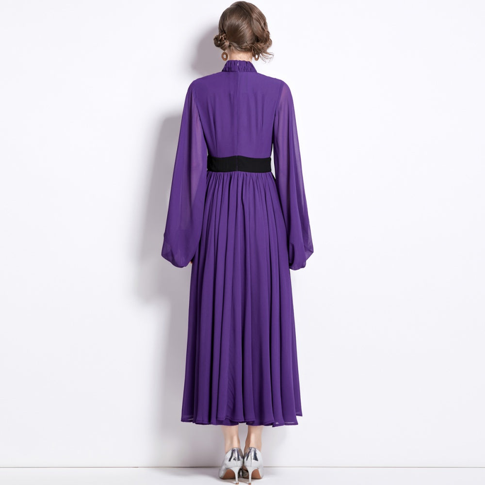 CM-DY092624 Women Elegant European Style Pinched Waist Long Spring Dress - Purple