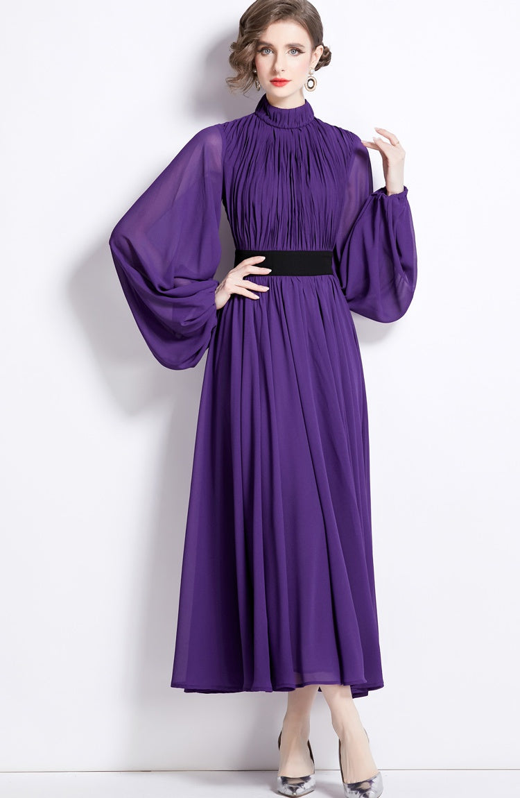 CM-DY092624 Women Elegant European Style Pinched Waist Long Spring Dress - Purple