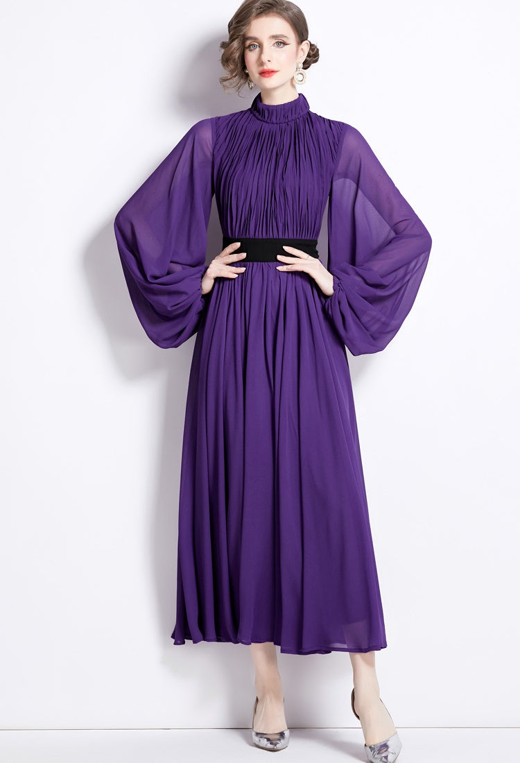 CM-DY092624 Women Elegant European Style Pinched Waist Long Spring Dress - Purple