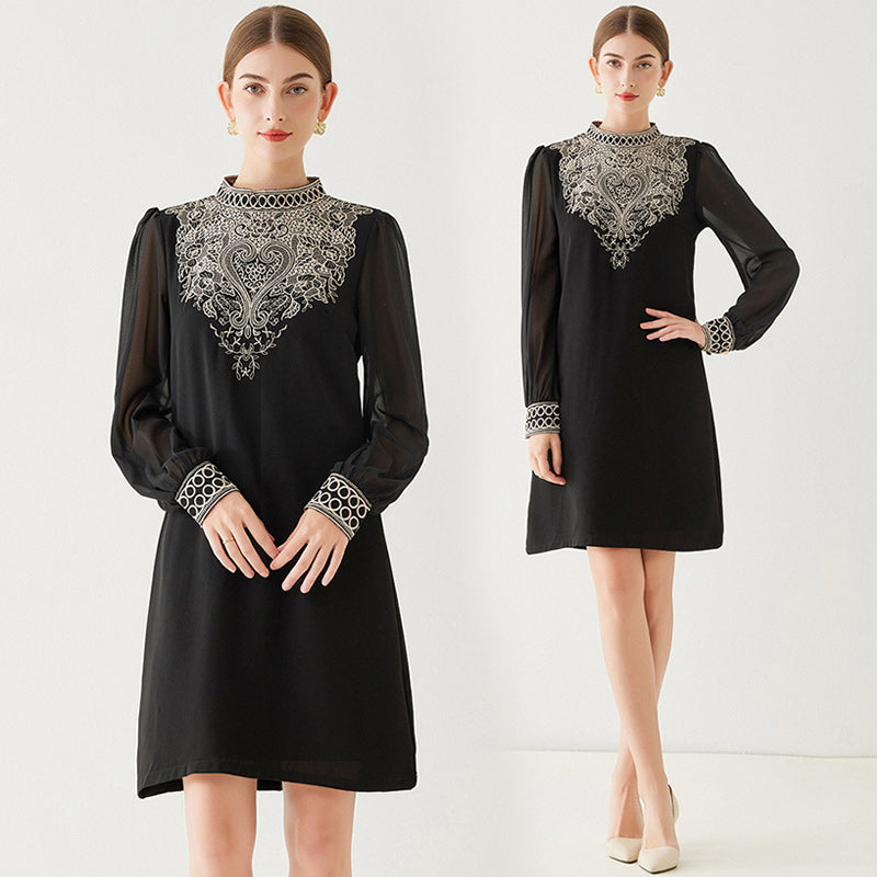 CM-DY092869 Women Elegant European Style Transparent Sleeve Embroidery A-Line Dress