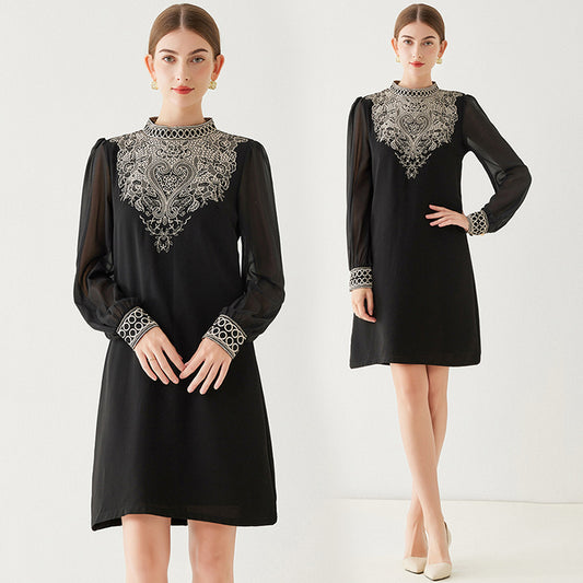 CM-DY092869 Women Elegant European Style Transparent Sleeve Embroidery A-Line Dress