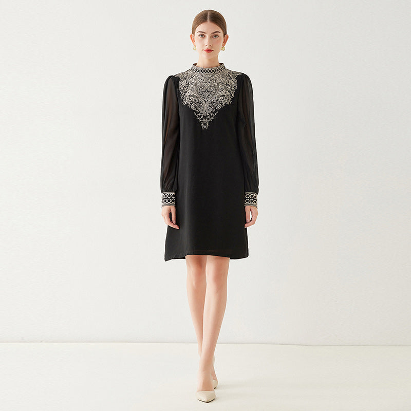 CM-DY092869 Women Elegant European Style Transparent Sleeve Embroidery A-Line Dress