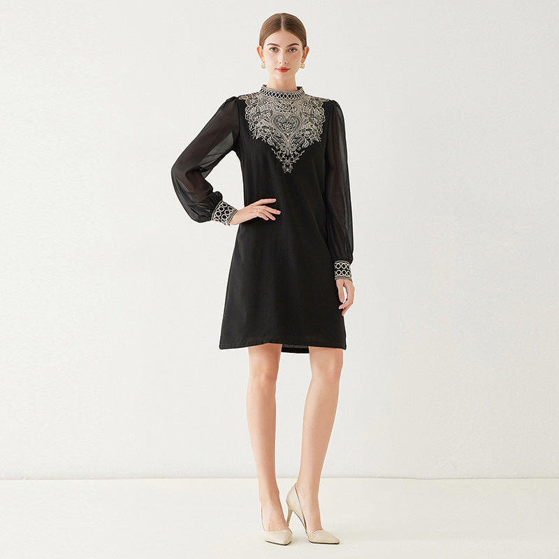 CM-DY092869 Women Elegant European Style Transparent Sleeve Embroidery A-Line Dress
