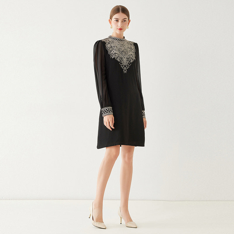 CM-DY092869 Women Elegant European Style Transparent Sleeve Embroidery A-Line Dress