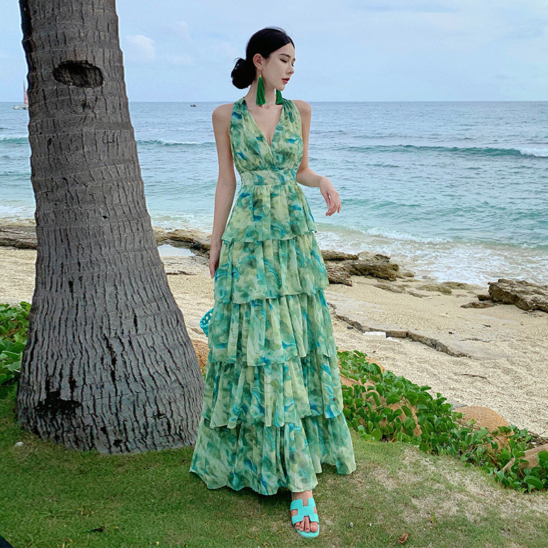 CM-DY093130 Women Trendy Bohemian Style V-Neck Sleeveless Maxi Dress - Green
