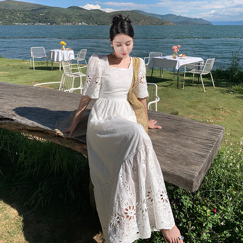 CM-DY093135 Women Trendy Bohemian Style Square Collar Pinched Waist Long Dress