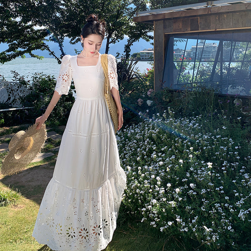 CM-DY093135 Women Trendy Bohemian Style Square Collar Pinched Waist Long Dress