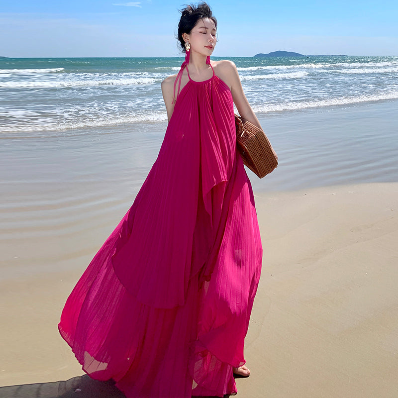 CM-DY093137 Women Trendy Bohemian Style Halter Sleeveless Pleated Maxi Dress