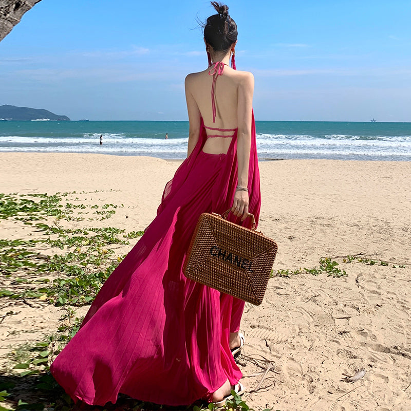 CM-DY093137 Women Trendy Bohemian Style Halter Sleeveless Pleated Maxi Dress