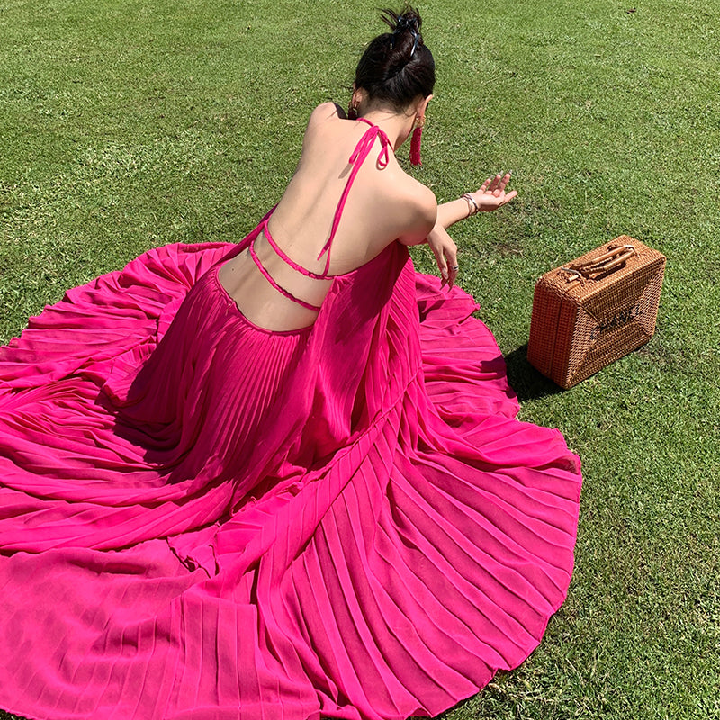 CM-DY093137 Women Trendy Bohemian Style Halter Sleeveless Pleated Maxi Dress