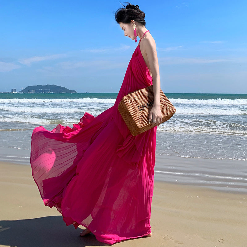 CM-DY093137 Women Trendy Bohemian Style Halter Sleeveless Pleated Maxi Dress