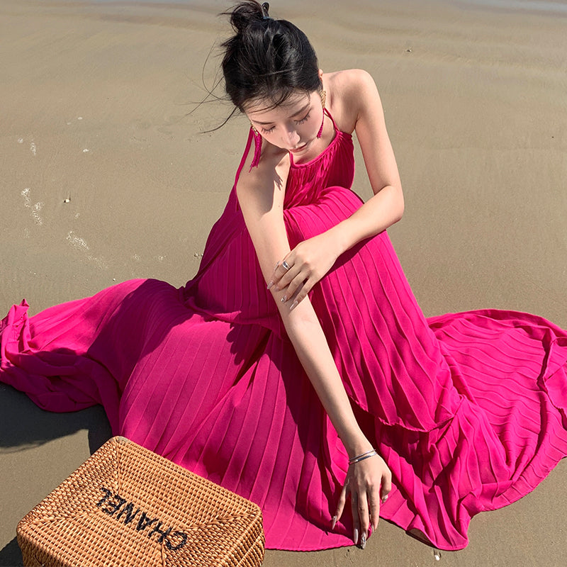 CM-DY093137 Women Trendy Bohemian Style Halter Sleeveless Pleated Maxi Dress