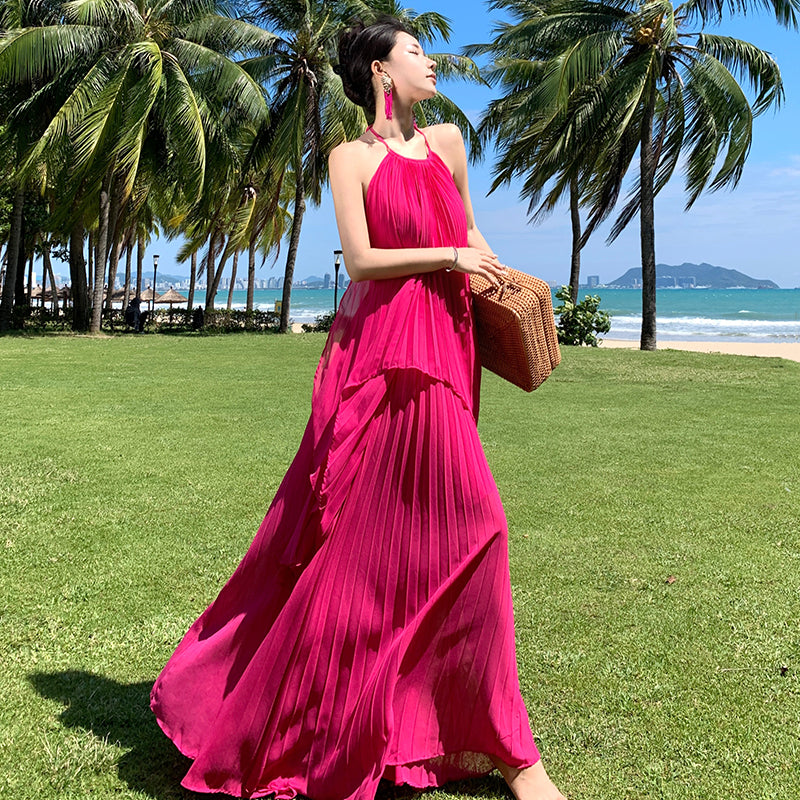 CM-DY093137 Women Trendy Bohemian Style Halter Sleeveless Pleated Maxi Dress