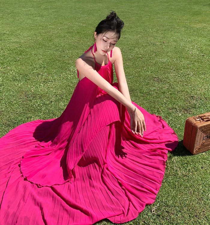 CM-DY093137 Women Trendy Bohemian Style Halter Sleeveless Pleated Maxi Dress