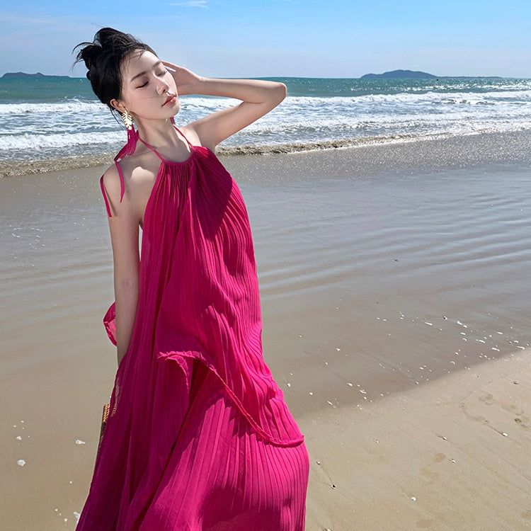 CM-DY093137 Women Trendy Bohemian Style Halter Sleeveless Pleated Maxi Dress