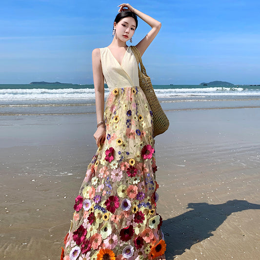 CM-DY093138 Women Trendy Bohemian Style Embroidery Sleeveless Pinched Waist Long Dress