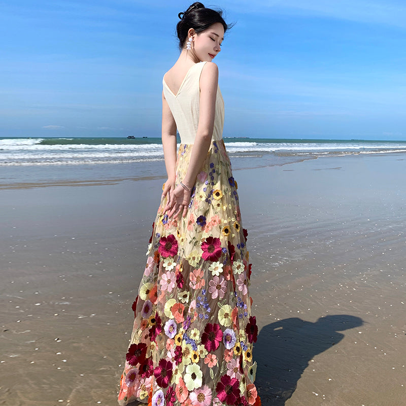 CM-DY093138 Women Trendy Bohemian Style Embroidery Sleeveless Pinched Waist Long Dress