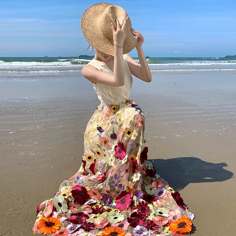 CM-DY093138 Women Trendy Bohemian Style Embroidery Sleeveless Pinched Waist Long Dress
