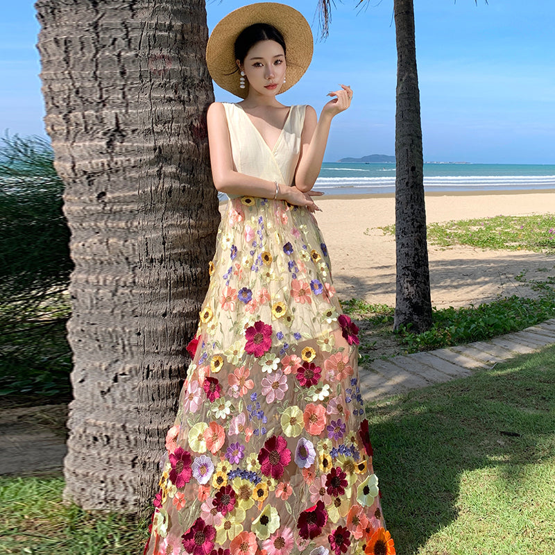 CM-DY093138 Women Trendy Bohemian Style Embroidery Sleeveless Pinched Waist Long Dress