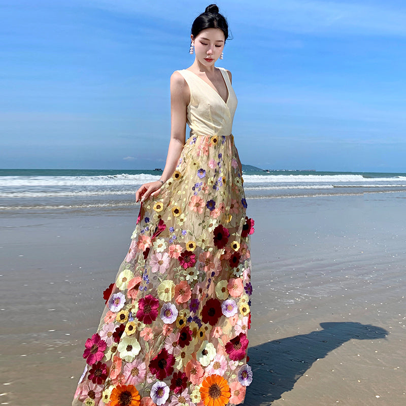 CM-DY093138 Women Trendy Bohemian Style Embroidery Sleeveless Pinched Waist Long Dress