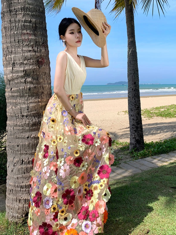 CM-DY093138 Women Trendy Bohemian Style Embroidery Sleeveless Pinched Waist Long Dress