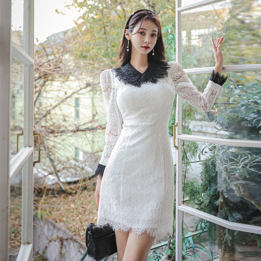 CM-DY093461 Women Elegant Seoul Style Lapel Long Sleeve Lace Mini Dress - White