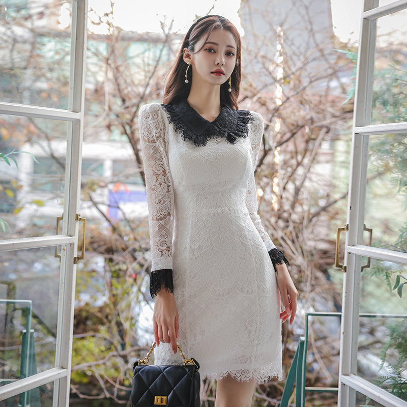 CM-DY093461 Women Elegant Seoul Style Lapel Long Sleeve Lace Mini Dress - White