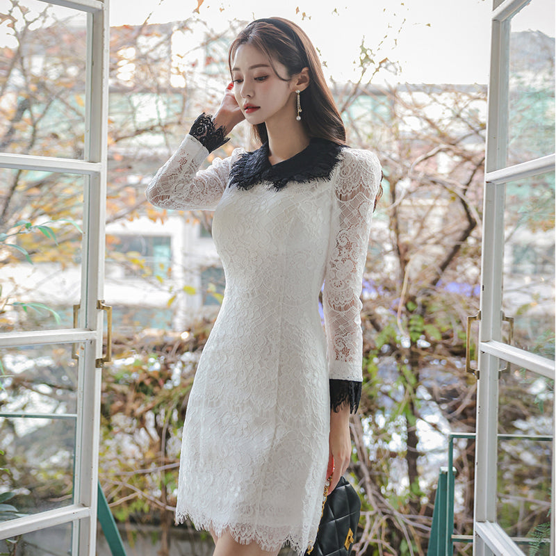 CM-DY093461 Women Elegant Seoul Style Lapel Long Sleeve Lace Mini Dress - White