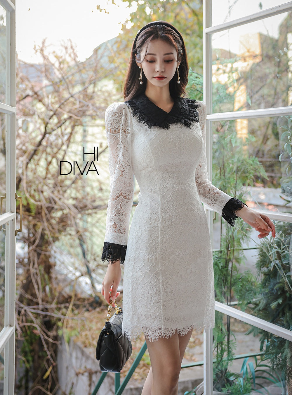 CM-DY093461 Women Elegant Seoul Style Lapel Long Sleeve Lace Mini Dress - White