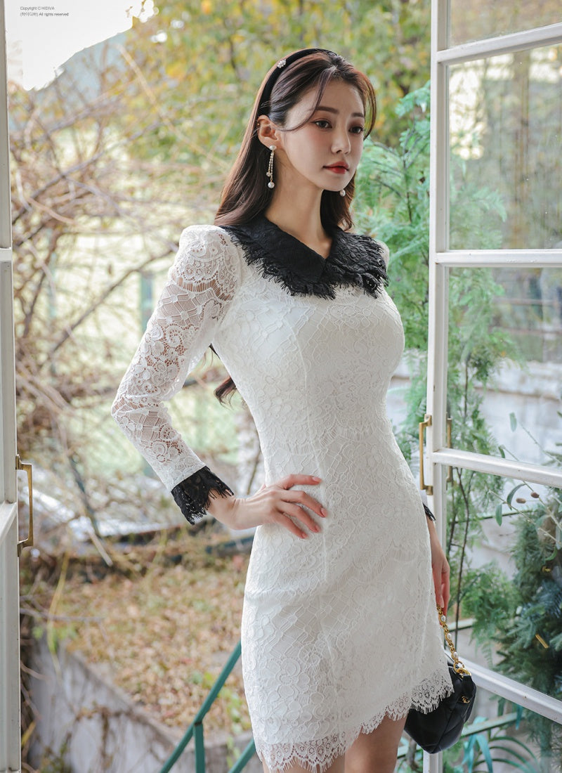 CM-DY093461 Women Elegant Seoul Style Lapel Long Sleeve Lace Mini Dress - White