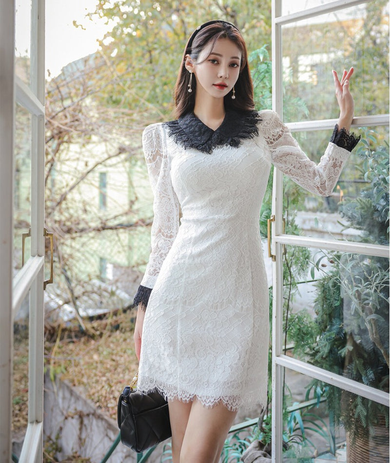 CM-DY093461 Women Elegant Seoul Style Lapel Long Sleeve Lace Mini Dress - White