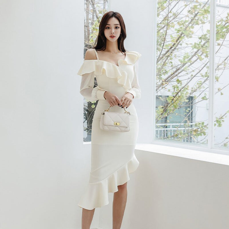 CM-DY093462 Women Elegant Seoul Style Strapless Long Sleeve Midi Dress - Beige