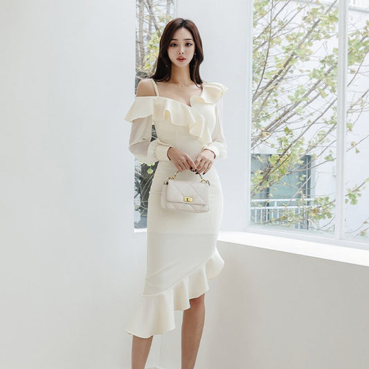 CM-DY093462 Women Elegant Seoul Style Strapless Long Sleeve Midi Dress - Beige