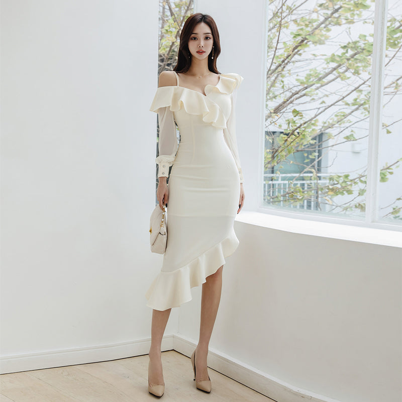CM-DY093462 Women Elegant Seoul Style Strapless Long Sleeve Midi Dress - Beige
