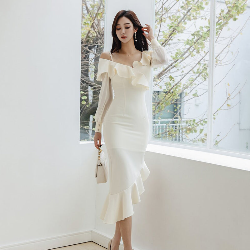CM-DY093462 Women Elegant Seoul Style Strapless Long Sleeve Midi Dress - Beige