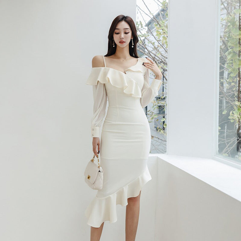 CM-DY093462 Women Elegant Seoul Style Strapless Long Sleeve Midi Dress - Beige