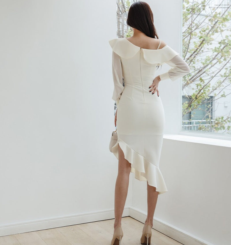 CM-DY093462 Women Elegant Seoul Style Strapless Long Sleeve Midi Dress - Beige