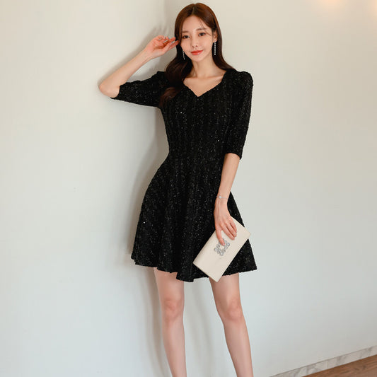 CM-DY093465 Women Elegant Seoul Style V-Neck 3/4 Sleeve A-Line Dress - Black