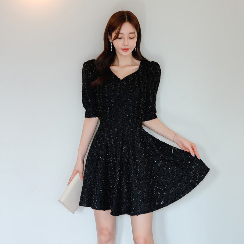 CM-DY093465 Women Elegant Seoul Style V-Neck 3/4 Sleeve A-Line Dress - Black